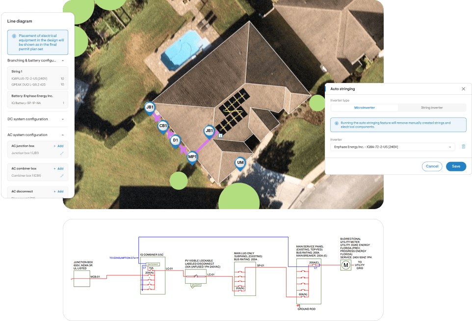 Effortless stringing, detailed single line diagrams